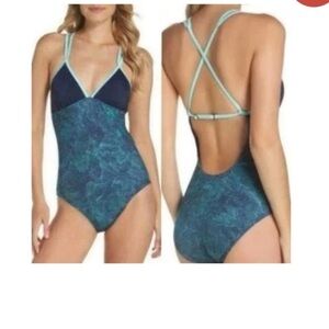 New Zella Performance Strappy Colorblock One Piece Swimsuit Aqua Navy size S